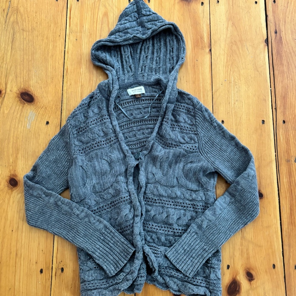 Sonoma Hooded Cable Knit Cardigan Medium Gray Boho